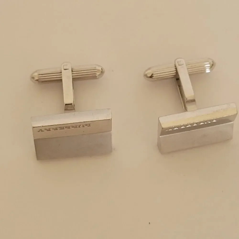 Burberry Cufflinks Set Silver Tone Logo Rectangle Geometric Designer Minimalist